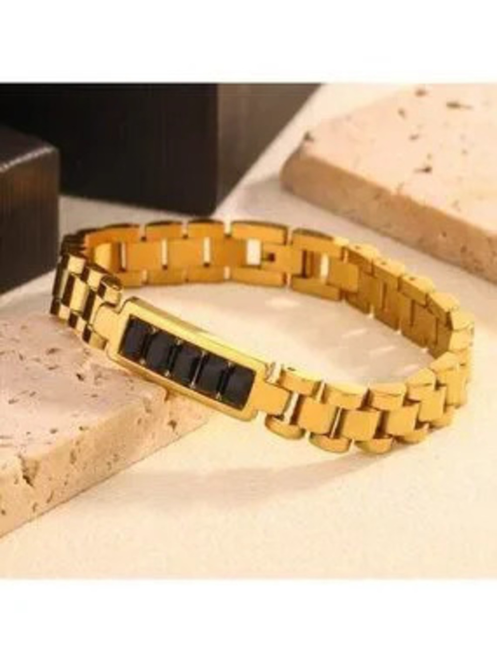 18K Gold Plated Bracelet 10mm blk Stone Inlay, Tarnish Resistant
